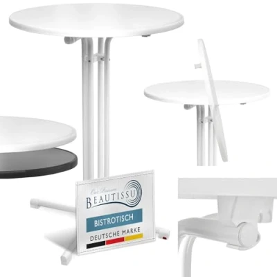 Abbildung von Beautissu Stehtisch Weiß klappbar Ø70cm Bellini Stabiler Outdoor Bistrotisch Wetterbeständig höhenverstellbarer Fuß, leichte Montage Halterung vormontiert Kratzfest Gastro Partytisch Rund