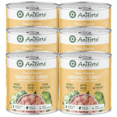 Abbildung von AniForte Hundefutter Nass GreenfieldTurkey 6 x 800g Nassfutter für Hunde, Frische Pute mit Gemüse &amp; Früchten, hoher Fleischanteil, Natürliches Hundenassfutter getreidefrei