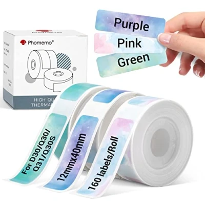 Abbildung von Phomemo D30 Etiketten, Sternenhimmel Etiketten Kompatibel mit Colorwing Q30 Etikettiergerät, Etikettendrucker Q31 Q30S, 12mm x 40mm, 160 Etiketten/pro Rolle, 3 Rollen