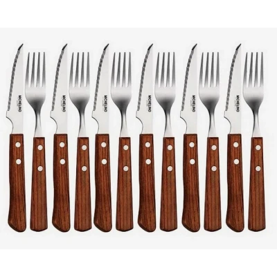Abbildung von Michelino Steakbesteck Grillbesteck Set 12tlg. Holzgriff Steakmesser Steakgabel Besteckset, 6 Personen, Steak Besteck Essbesteck Fleischmesser Steakmesserset Wellenschliff