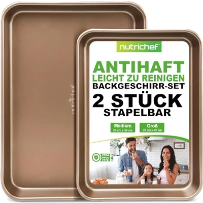 Abbildung von NutriChef 2er Backblech Antihaftbeschichtet PTFE , PFOA freies Backofenblech aus Karbonstahl 40x28 &amp; 34x24 Baking Tray mit Hohen Kanten zum Braten, Backen Mehr als Kuchenblech, Pizzablech &amp;Co.