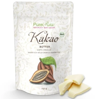 Abbildung von Kakaobutter Bio für Schokolade + Kosmetik Criollo (Roh Vegan) Weiße Ohne Zucker Kakao Butter Unraffiniert Lebensmittelqualität Cocoa Organic Cacao White Chocolate PureRaw 250g