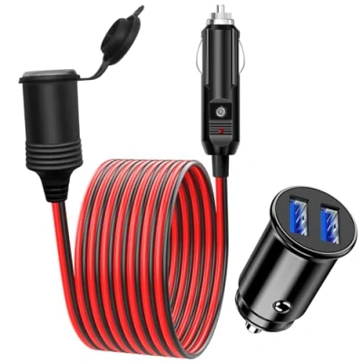 Abbildung von Hoembpn 1,5M 12V/24V Auto Zigarettenanzünder Stecker Verlängerungskabel Buchse Steckdose Adapter Wasserdicht 17 AWG Kabel, 12V Mini Dual USB Autoladegerät