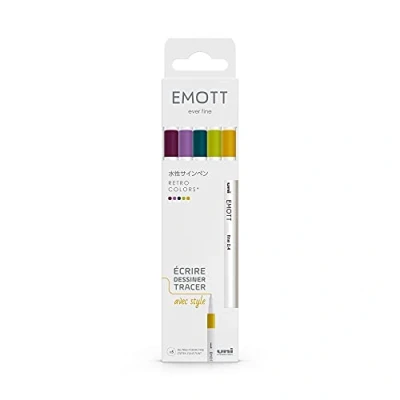 Abbildung von Uni ball Emott Mitsubishi Pencil 5 Filzstifte Retro Colors Schreiben, Zeichnen, Zeichnen mit Stil! feine Spitze 0,4 mm Blau Grün, Orchidee, Weinrot, Strohgelb, Apfelgrün