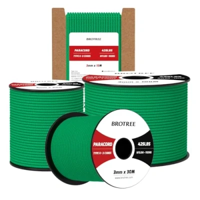 Abbildung von Brotree Paracord 3mm 15M 100% Nylon Seil Schnur Typ II 425 mit 3 Kern für Survival, Outdoor, Armband, Basteln Bruchlast 192kg (Jadegrün)
