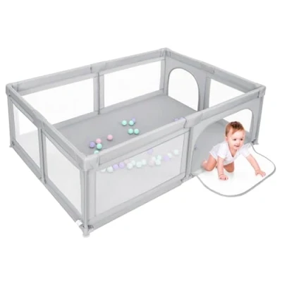 Abbildung von Laufgitter für Babys, 205 x 147 66 cm, kleiner Laufstall, modular, mit 50 Bällen und Sicherheitstür, Zaun Laufstall Babys drinnen draußen, Aktivitätszentrum