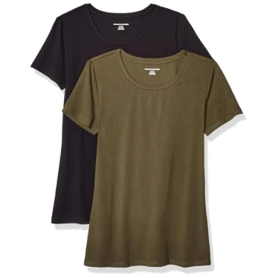 Abbildung von Amazon Essentials Damen Kurzärmeliges T Shirt mit Rundhalsausschnitt, Klassischer Schnitt, 2er Pack, Olivgrün/Schwarz, M