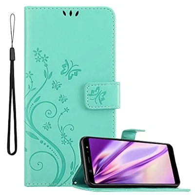 Abbildung von Cadorabo Hülle kompatibel mit Samsung Galaxy A6 Plus 2018 Blumen Design aus Kunst Leder Flip Klappbare Magnetische [Standfunktion] [Kartenfächern] Cover für Tasche in Türkis