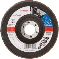Abbildung von Bosch 1x PRO Metal X571 Fächerschleifscheibe, abgewinkelte Ausführung, Fiber, für kleine Winkelschleifer (für Stahl, Edelstahl, Ø 125 mm, Körnung 80, Professional Zubehör Kleiner Winkelschleifer)