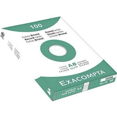 Abbildung von Exacompta 3808B Karteikarten (48 Packungen mit 100, 250g, in Folie eingeschweißt, DIN A8, 5,2 x 7,4 cm, liniert, ideal für die Schule) 48er Pack weiß