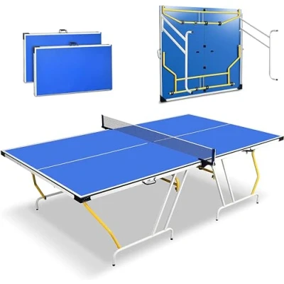 Abbildung von SereneLife Full Size Tragbares Tischtennis Set mit Netz, Klammer, Pfosten 274 x 152 cm Klappbares Platzsparendes Design, Blau