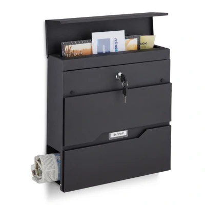 Abbildung von Relaxdays Briefkasten mit Zeitungsfach &amp; Namensschild, HBT 37 x 11 cm, 2 Schlüssel, moderner Postkasten, schwarz