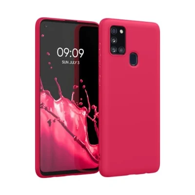 Abbildung von kwmobile Hülle kompatibel mit Samsung Galaxy A21s weiches TPU Silikon Case Cover geeignet für kabelloses Laden Neon Pink