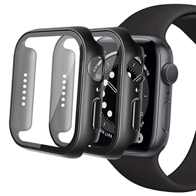 Abbildung von IBEX 2 Stück Schutzhülle für Apple Watch Series 6/SE/Serie 5/Serie 4 44 mm Bildschirmschutz, Bumper Case Cover, Hartschale, stoßfest, PC, ultradünn, Hartglas, Displayschutzfolie, Schwarz