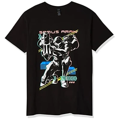 Abbildung von Nintendo Herren Metroid Men&#039;s Graphic Tees Hemd, Schwarz // Samus Aran Neon, X Groß