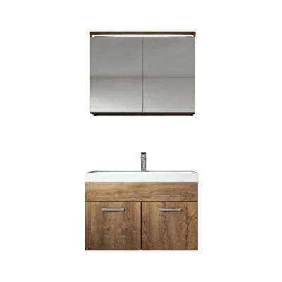 Abbildung von Badezimmer Badmöbel Set Paso 02 80cm Waschbecken Braun Eiche Unterschrank Schrank Spiegelschrank