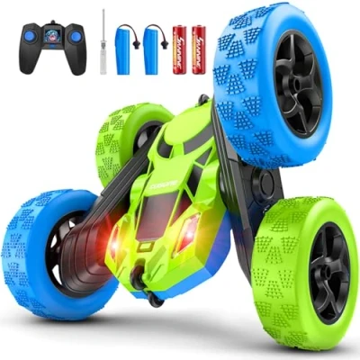 Abbildung von cosone Ferngesteuerte Autos, 2,4 GHz Ferngesteuertes Autospielzeug mit Scheinwerfern, Allrad Offroad Stuntauto, Doppelseitig um 360 Drehbar, Geburtstagsgeschenke für Jungen ab 6 Jahren (Blau Grün)