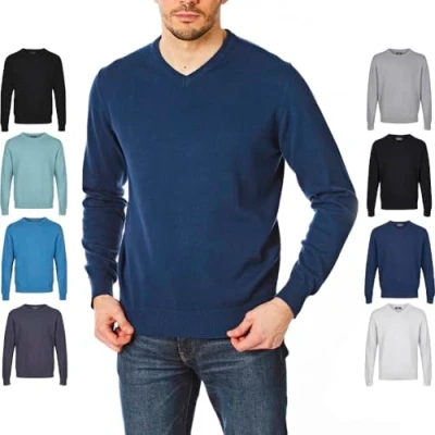 Abbildung von Castle Point Herren CSPKNT004 Strickpullover aus 100% Baumwolle, weicher V Ausschnitt, Jeansblau, Größe L