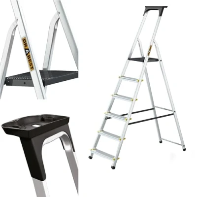 Abbildung von DRABEST Leiter PRO Serie Alu 6 Stufen Trittleiter Klappbar Stehleiter Haushaltsleiter mit Ablage Belastbar bis 150 kg Mehrzweckleiter