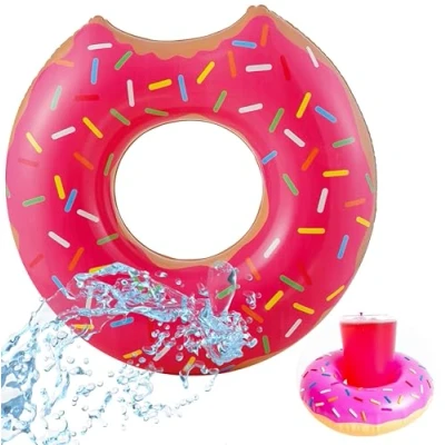 Abbildung von SwimAlot® Schwimmring Donut pink 110 cm inkl. aufblasbare Getränkehalter (Donut Set, 1 tlg., + Getränkehalter),