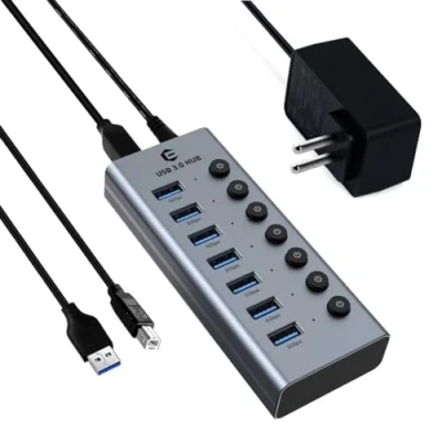 Abbildung von Tymyp USB 3.0 Hub mit Netzteil Hub, 7 Port Aktiv Verteiler individuellen EIN /Ausschaltern und 1 m langem Kabel für Surface, Chromebook, Laptop, PC, HHD, SSD