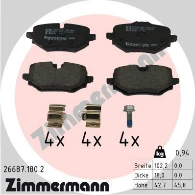 Abbildung von ZIMMERMANN 26687.180.2 Bremsbelagsatz für Verschleißwarnanzeiger vorbereitet mit Schrauben Foto entspricht Lieferumfang, Gleitblech