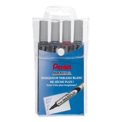 Abbildung von Pentel Maxiflo Marker 4er Etui trocken abwischbar Rundspitze flüssige Tinte schwarz blau grün rot