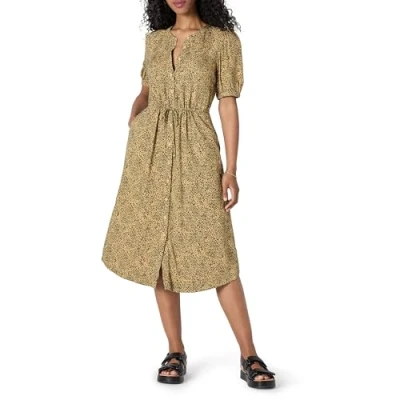 Abbildung von Amazon Essentials Damen Tailliertes A Linien Midikleid mit halblangen Ärmeln in lockerer Passform, Schwarz Kamelbraun Tiermuster, XS
