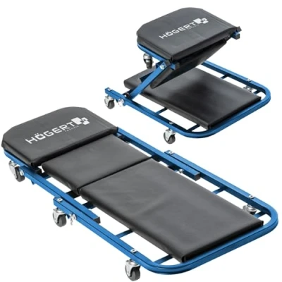 Abbildung von Högert Technik, Werkbank mit 2 in 1 Sitzfunktion, Hocker, Neigungswinkelverstellung, 6 Lenkrollen, Stahlgestell, schadensfreie Polsterung, 150 kg Belastbarkeit