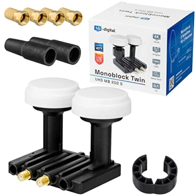 Abbildung von Twin Monoblock LNB 0,1dB Doppel LNC HB DIGITAL SET 2 Teilnehmer Direkt Sat Astra 19,2 Hotbird 13 FULL HD TV 3D Ultra 4K + x Gummitülle 4 8,2mm F Stecker vergoldet