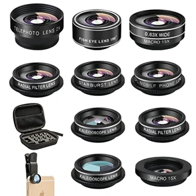 Abbildung von 11 in 1 Handy Kamera Objektiv Set, Weitwinkelobjektiv, Makroobjektiv, Fischaugenobjektiv, Teleobjektiv, CPL, Flow, Radial, Stern, Softfilter, Kaleidoskop Objektiv, kompatibel mit iPhone, Samsung, Sony