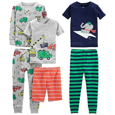 Abbildung von Simple Joys by Carter&#039;s Baby Jungen 6 Piece Snug Fit Cotton Pajama Set Pyjamaset, Grau Lkws/Grün Streifen/Marineblau Elefant/Orange Streifen, 12 Monate (3er Pack)
