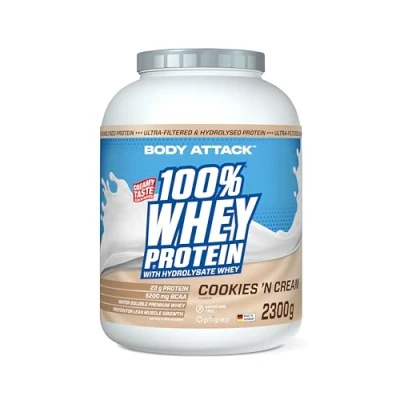 Abbildung von Body Attack 100% Whey Protein Cookies n Cream, 2,3kg Made in Germany extra cremiges Eiweißpulver mit Hydrolysat und BCAA&#039;s, unterstützt Muskelaufbau Diäten, für alle Sportler &amp; Athleten