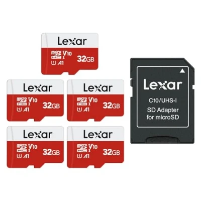 Abbildung von Lexar Micro SD Karte 32GB 5er Pack, Speicherkarte mit Adapter, Bis zu 100 MB/s Lesegeschwindigkeit, UHS I, U1, A1, V30, C10, 4K UHD microsdxc für Kamera, Smartphone