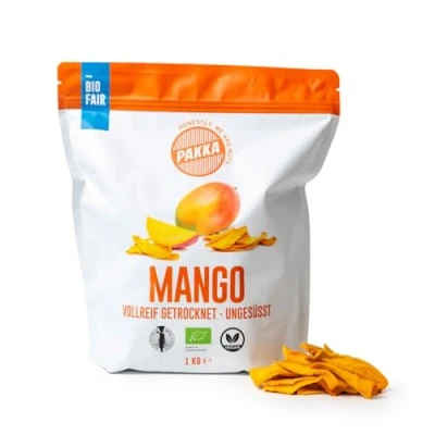 Abbildung von PAKKA Bio Fair Trade Mangos 1kg, Öko &amp; getrocknete Mango Stücke, ungezuckert, ungeschwefelt, direkt hergestellt und abgefüllt vom Produzenten in Kolumbien, vegan 1 kg (1er Pack)