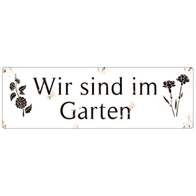 Abbildung von Interluxe Shabby Blechschild METALLSCHILD Türschild WIR SIND IM Garten *weiß* Vintage Schild mit Spruch Hinweisschild für Tor Tür