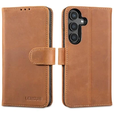 Abbildung von LENSUN Echtleder Hülle für Samsung Galaxy S25, Handyhülle [Echtes Leder][RFID Schutz][Kartenfach] Lederhülle Handytasche S25 5G Vintage Braun