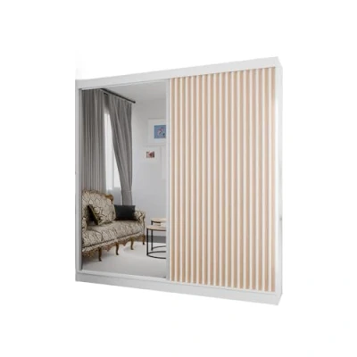 Abbildung von MargaretHadas24 Kleiderschrank Lili mit Lamellen und Spiegel inklusive 2 Schiebetüren Schwebetürenschrank Kleiderstange Garderobe Schrank (weiß, weiß, Lamelle wotan, Spiegel, 200 cm)