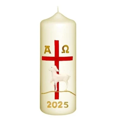 Abbildung von Kopschitz Kerzen Osterkerze Kreuz rot, Lamm, A und O, Jahreszahl 140 x Ø 50 mm