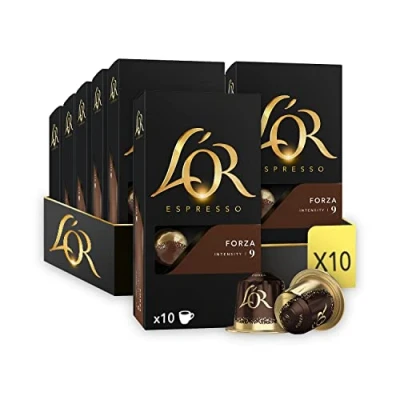 Abbildung von L&#039;OR Espresso Kaffee Forza Intensität 9 Nespresso®* kompatible Kaffeekapseln aus Aluminium 10 Packungen mit Kapseln (100 Getränke)