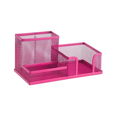 Abbildung von Leviatan Schreibtisch Organizer Stiftehalter Stifteköcher Tisch aus Metall Büroablage mit Zettelhalter Mesh 205x103x98mm Rosa