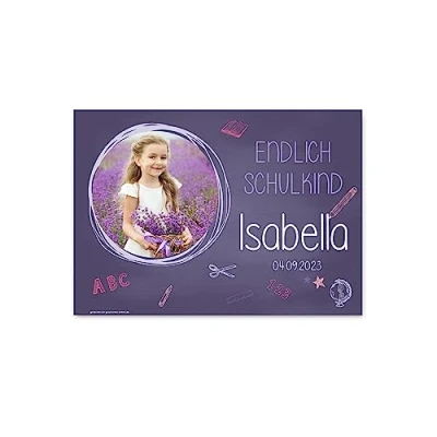Abbildung von Striefchen® Foto Banner zur Einschulung Endlich Schulkind! mit Namen des Kindes 50 x 70 cm Kunststoff Lila