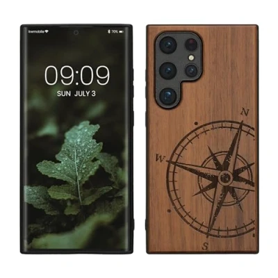 Abbildung von kwmobile Hülle kompatibel mit Samsung Galaxy S24 Ultra Holz Case Handy Cover TPU Handyhülle in Dunkelbraun Kompass Vintage