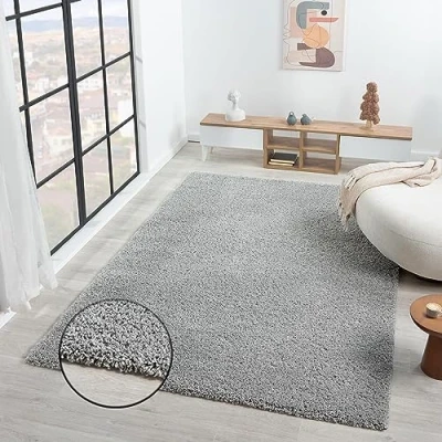 Abbildung von VIMODA Teppich Prime Shaggy Hochflor Einfarbig Grau Weich für Wohnzimmer, Schlafzimmer, küche, Maße:150 cm Quadrat