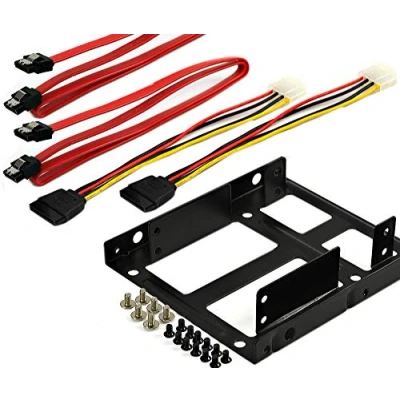 Abbildung von Rhombutech® Einbaurahmen für 2X 2,5 Zoll Festplatten oder SSD auf 3,5 Metall sehr stabil optimiert Halterung Schienen inkl. Schrauben 2 SATA Kabel &amp; Stromadapter (HL SD4)