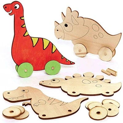 Abbildung von Baker Ross FC830 Dinosaurier Basteln aus Holz 4er Pack, Kleine Rennwagen Bastelsets für Kinder zum Bemalen und
