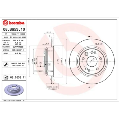 Abbildung von BREMBO COATED DISC LINE 08.B653.11 Bremsscheibe 282 9 5 voll beschichtet mit Schrauben HONDA: Accord 7 Tourer, Shuttle, Odyssey