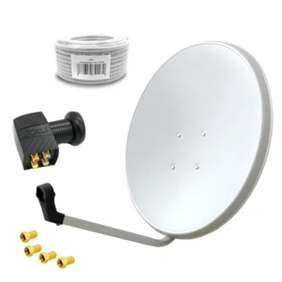 Abbildung von 60cm HD Sat Anlage Quad LNB + 10m Koaxialkabel 135dB 4 F Stecker Digital Teilnehmer Antenne Weiss UHD 4K