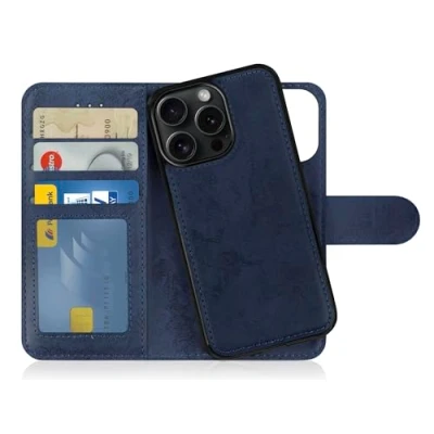 Abbildung von MyGadget Flip Case für iPhone 15 Pro Max [ abnehmbare Magnet Hülle ] Handyhülle aus Kunstleder Klapphülle mit Kartenfach Schutzhülle in Dunkelblau