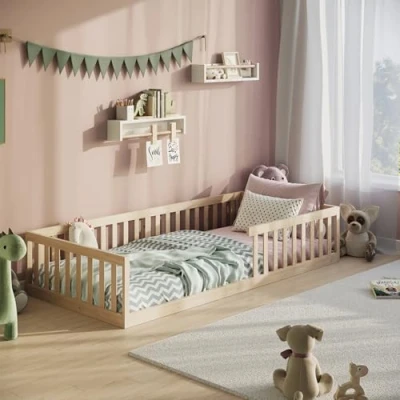 Abbildung von Kids Collective Kinderbett Bodenbett Bett mit Rausfallschutz &amp; Lattenrost Montessori Kinder (weitere Größen, 120x200, 140x200 cm), Jugendbett Einzelbett optional Matratze, natur Kiefer 90x200 cm